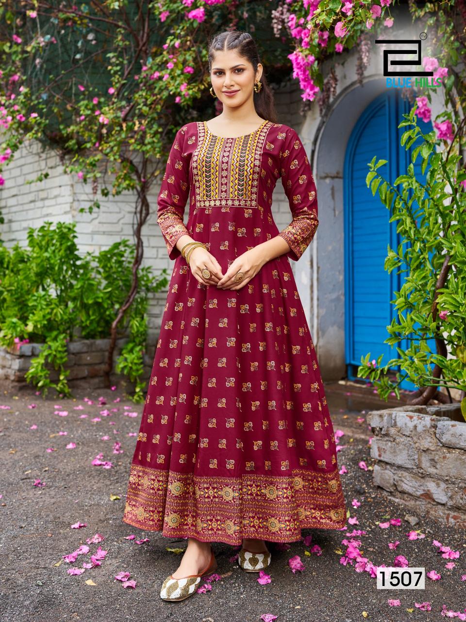 Blue Hills Womaniya Vol 15 Rayon Foil Printed Anarkali Kurti wholesle catalog