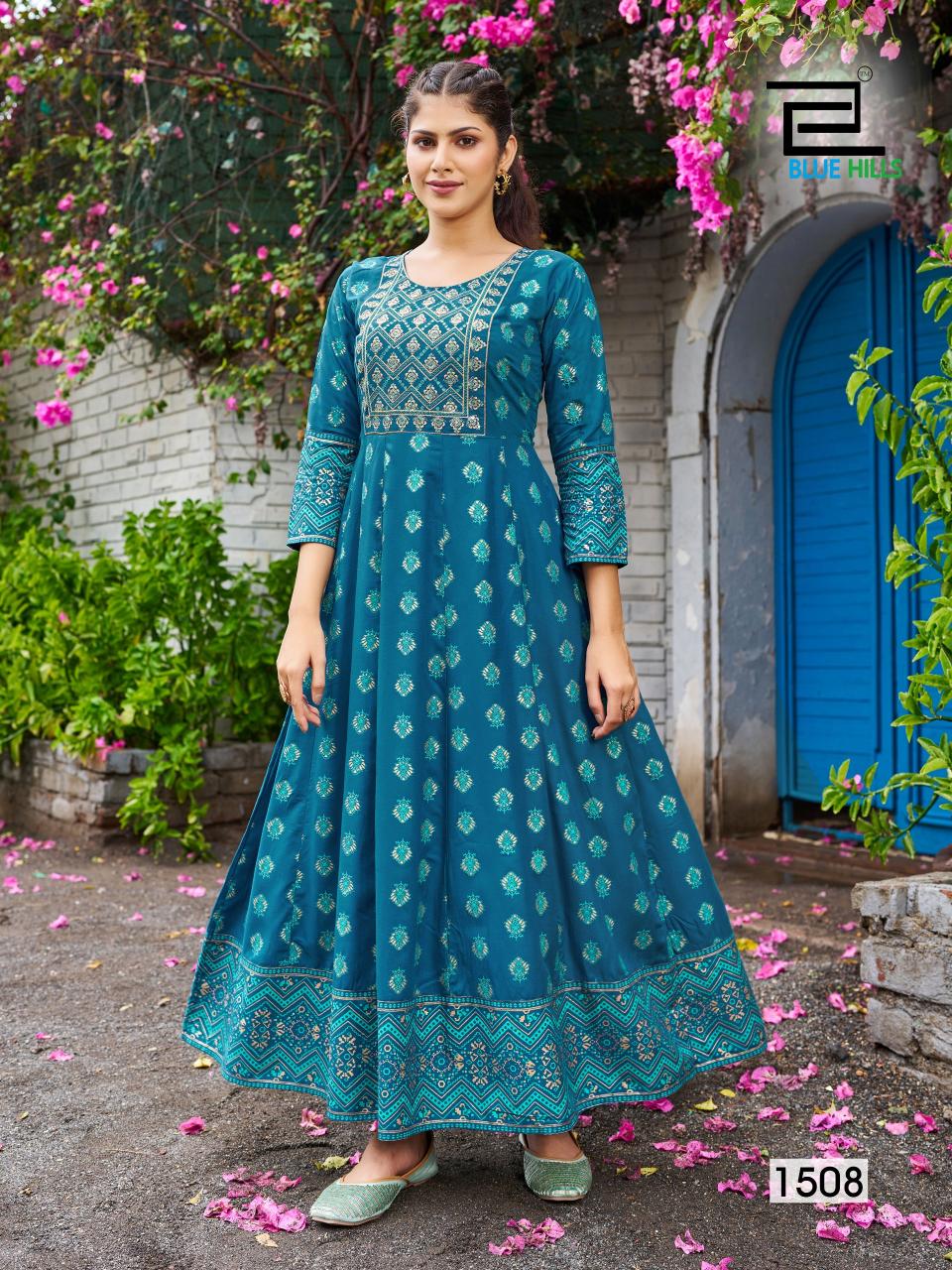 Blue Hills Womaniya Vol 15 Rayon Foil Printed Anarkali Kurti wholesle catalog