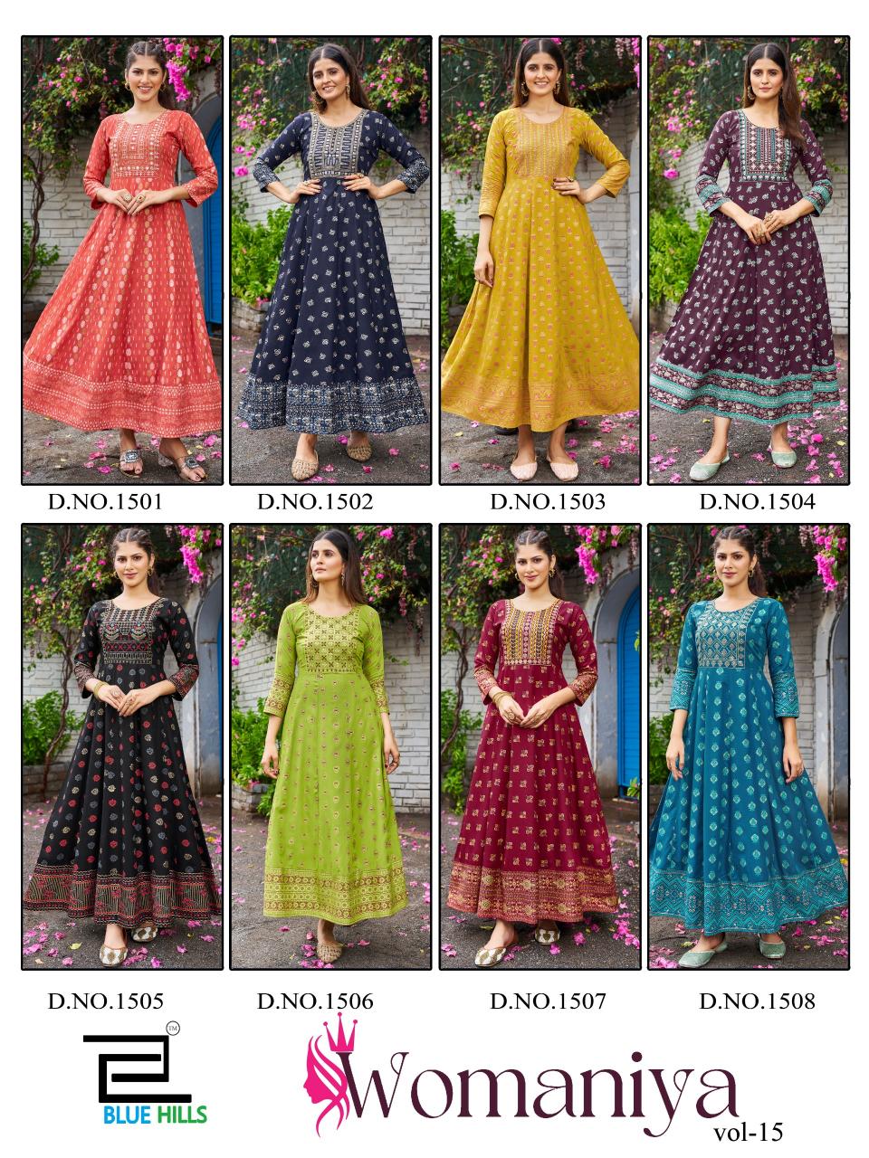 Blue Hills Womaniya Vol 15 Rayon Foil Printed Anarkali Kurti wholesle catalog
