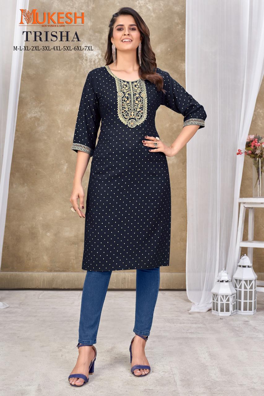 Mukesh Trisha Rayon Embroidered Fancy Kurti wholesale catalog