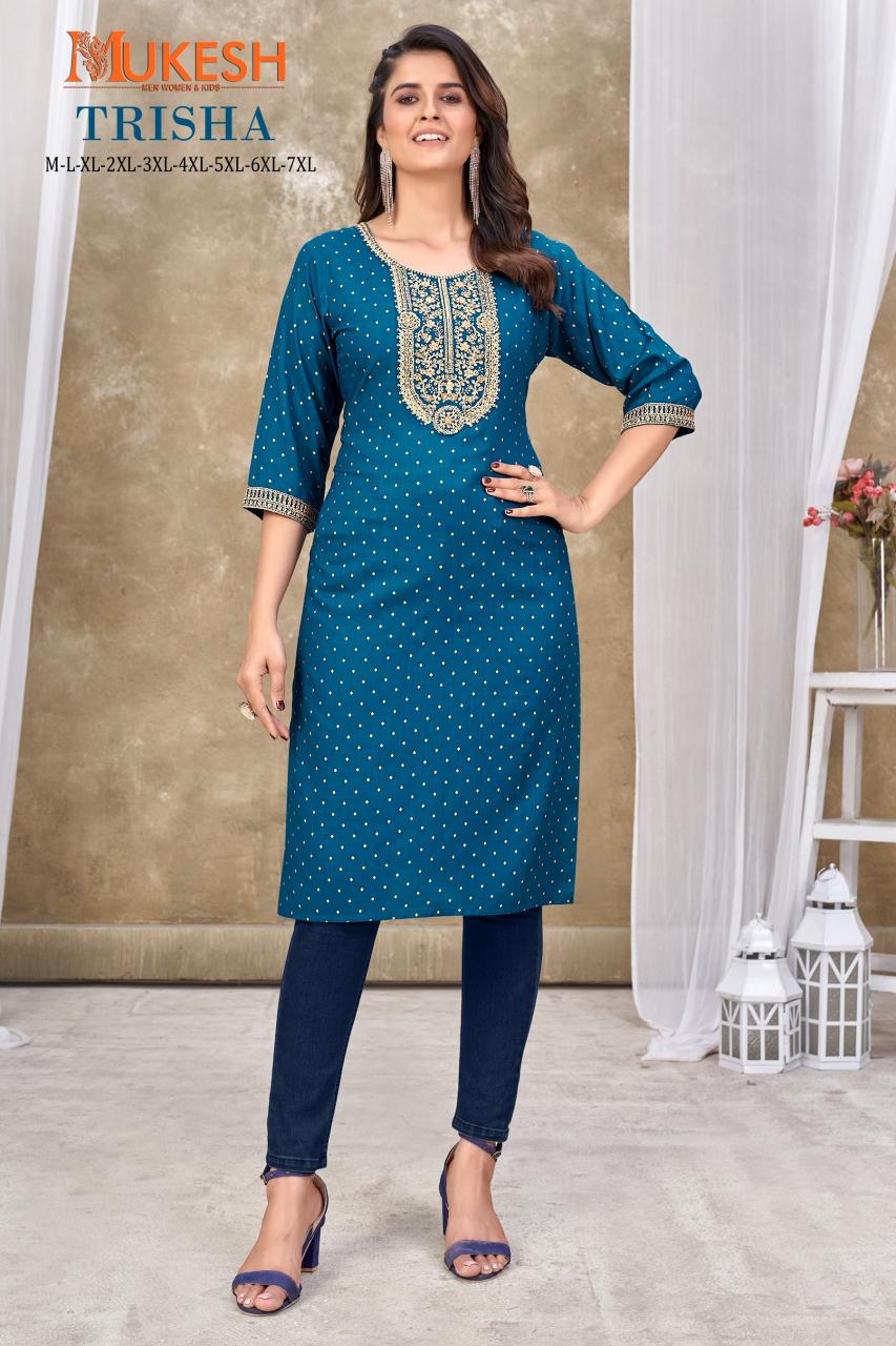 Mukesh Trisha Rayon Embroidered Fancy Kurti wholesale catalog