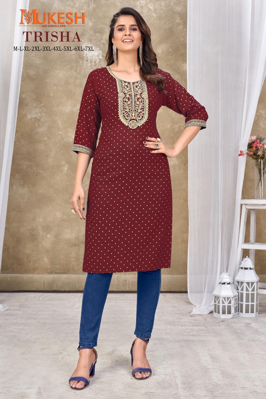 Mukesh Trisha Rayon Embroidered Fancy Kurti wholesale catalog