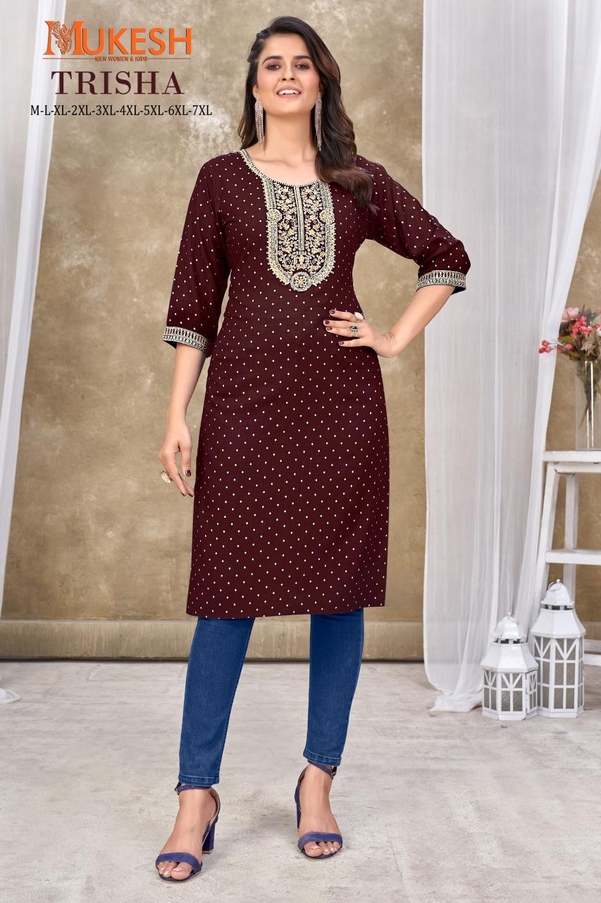 Mukesh Trisha Rayon Embroidered Fancy Kurti wholesale catalog