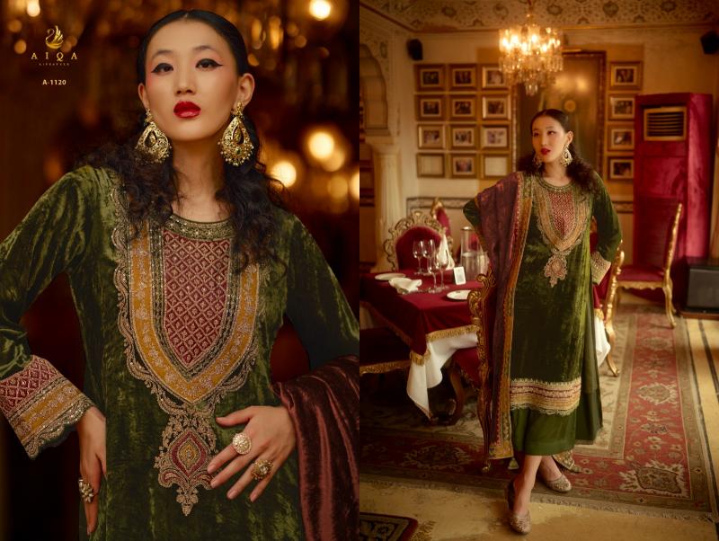 AIQA SURKH Pure Velvet With Fancy Work Salwar Suits Wholesale Catalog