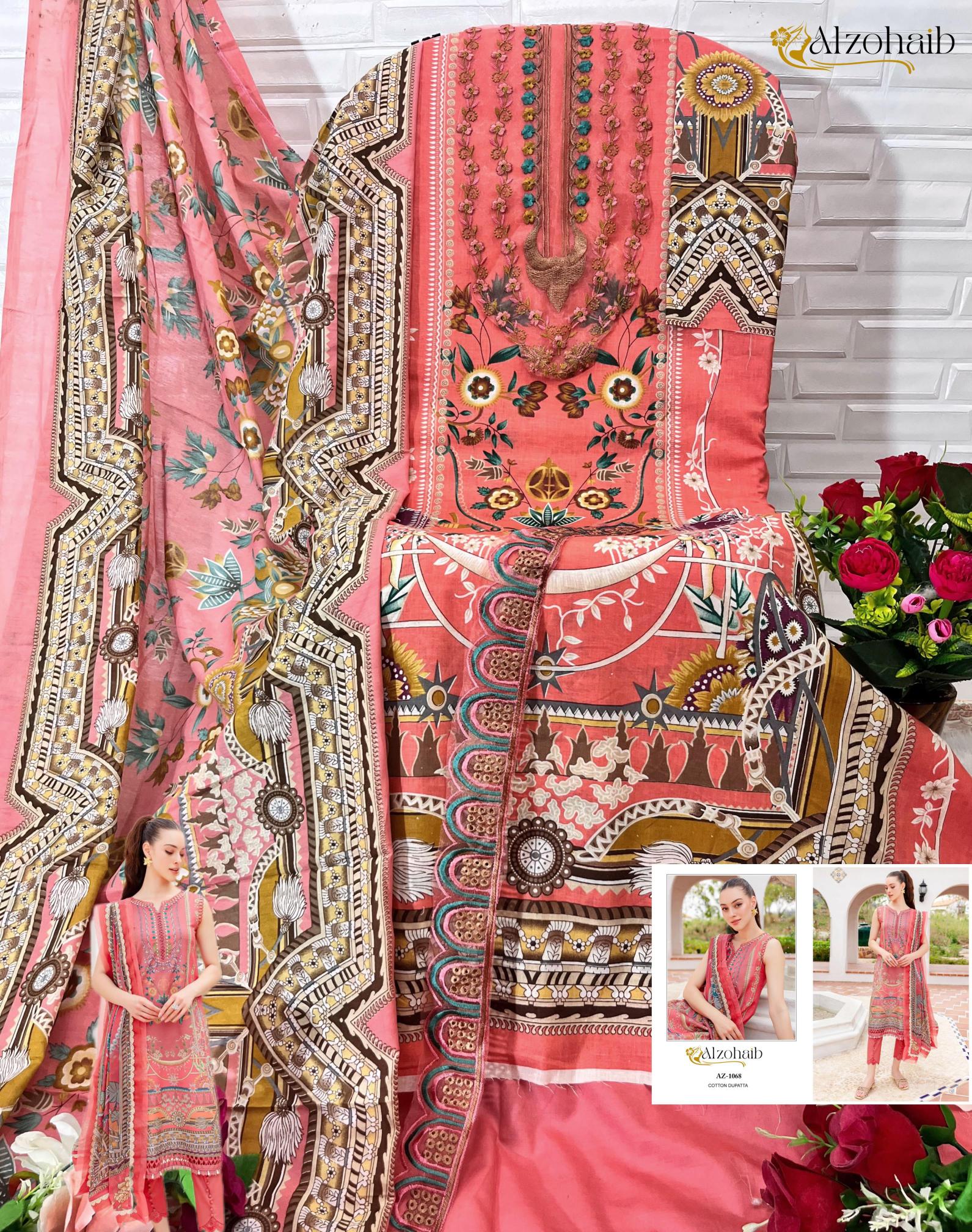 Alzohaib Queen Court Vol 3 Cotton Dupatta Pakistani Suits Wholesale Catalog