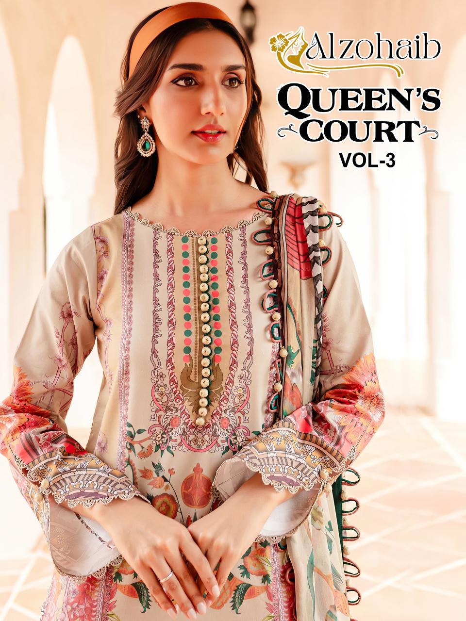 Alzohaib Queen Court Vol 3 Cotton Dupatta Pakistani Suits Wholesale Catalog