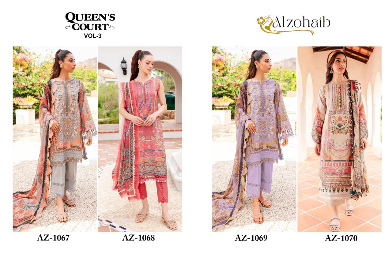 Alzohaib Queen Court Vol 3 Cotton Dupatta Pakistani Suits Wholesale Catalog