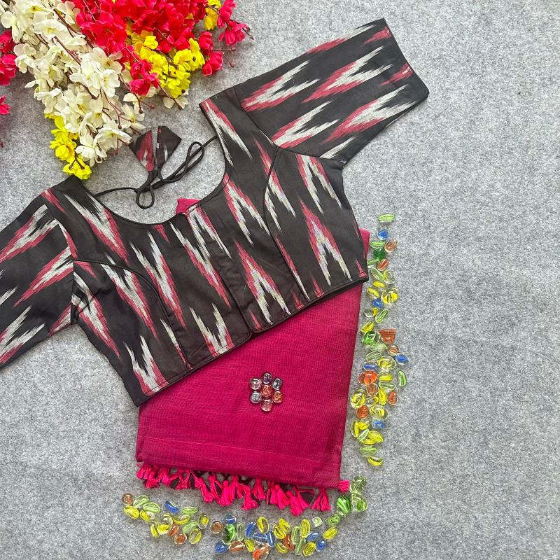 Blousewala Hk3 Khadi cotton saree And Beautiful Havy Ikkat Cotton  Blouse 