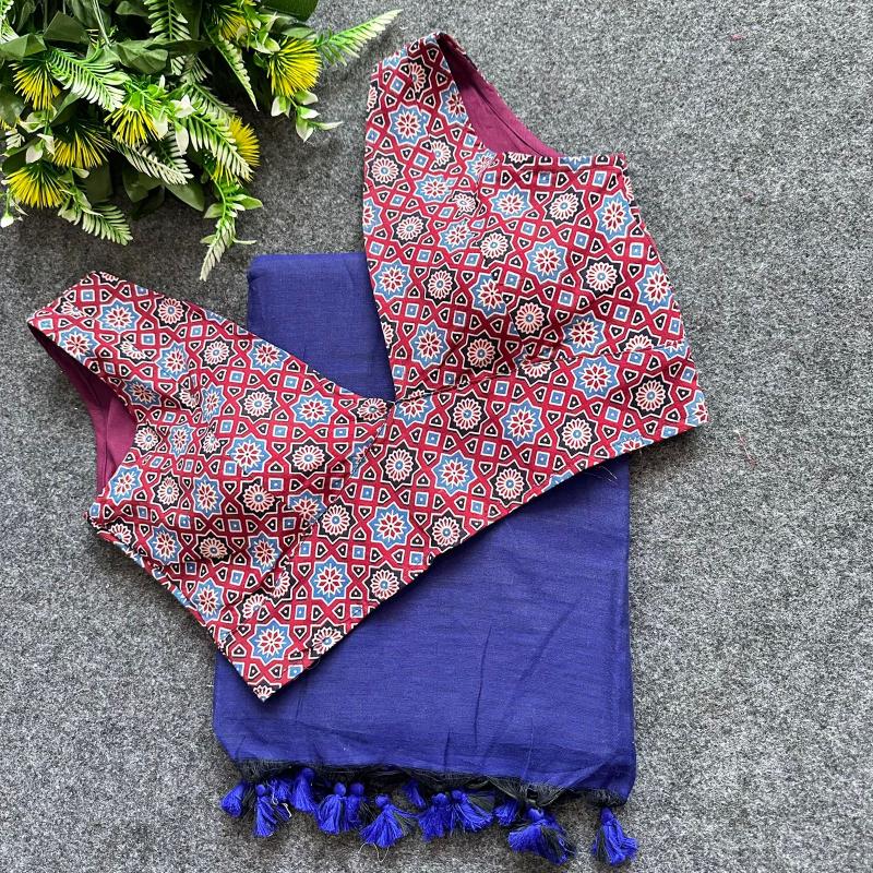 Blousewala Hk4 Khadi cotton saree And Beautiful Havy Ajrakh  Cotton Blouse