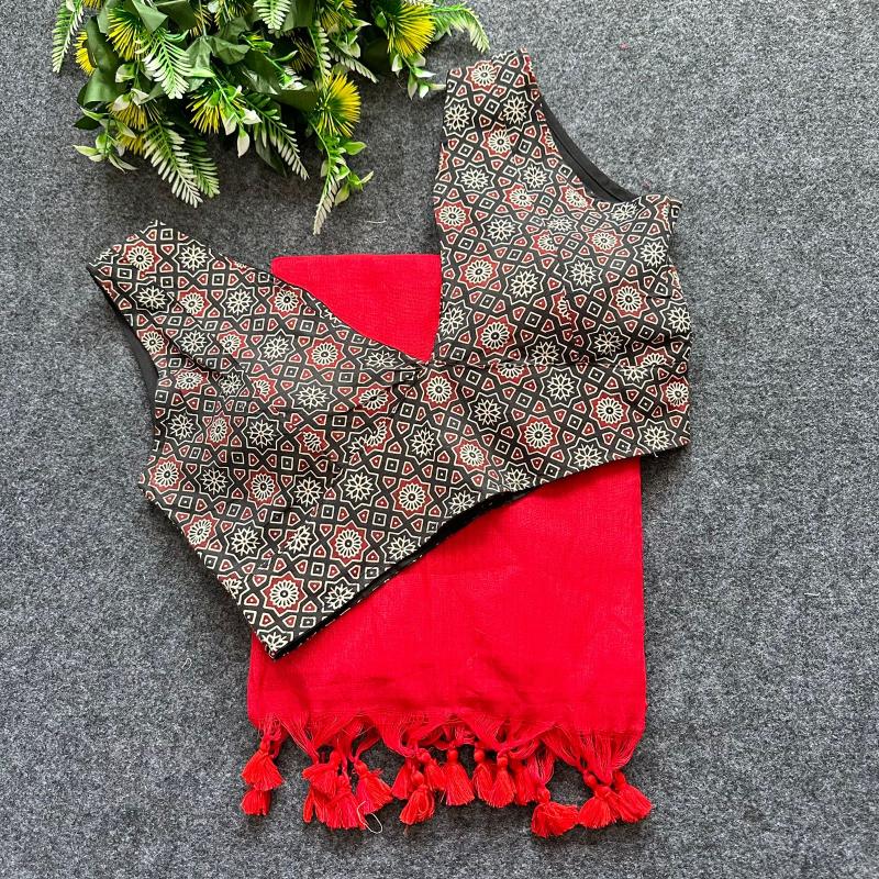 Blousewala Hk4 Khadi cotton saree And Beautiful Havy Ajrakh  Cotton Blouse