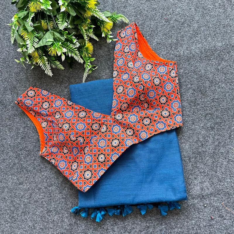 Blousewala Hk4 Khadi cotton saree And Beautiful Havy Ajrakh  Cotton Blouse
