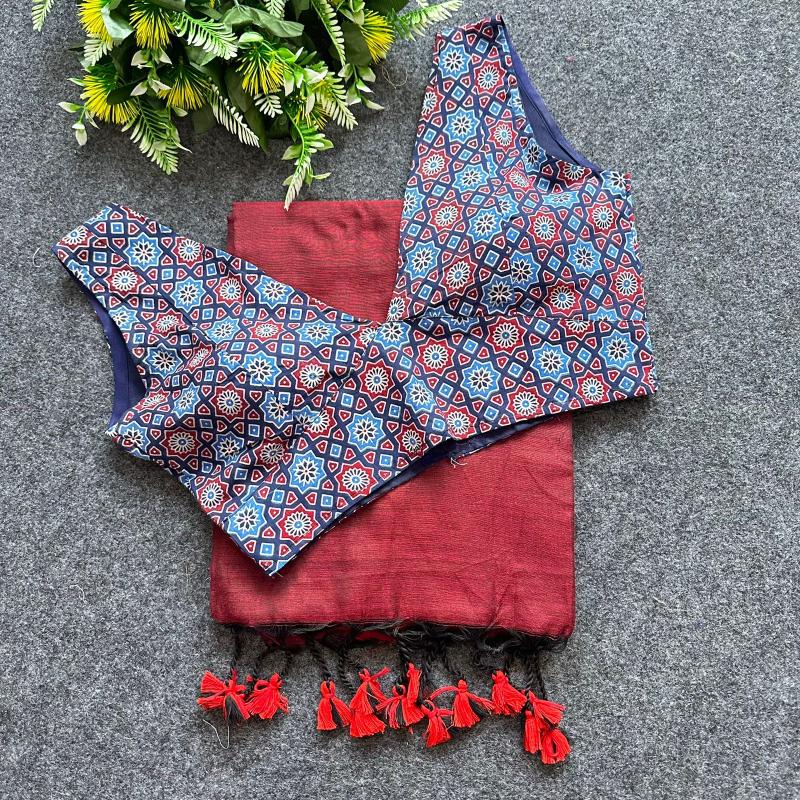 Blousewala Hk4 Khadi cotton saree And Beautiful Havy Ajrakh  Cotton Blouse