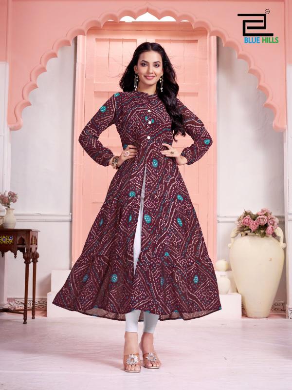 Blue Hills Bandhej Long Flair Gown Kurti Wholesale Catalog