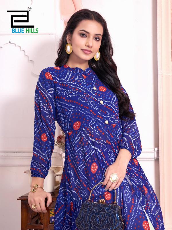 Blue Hills Bandhej Long Flair Gown Kurti Wholesale Catalog