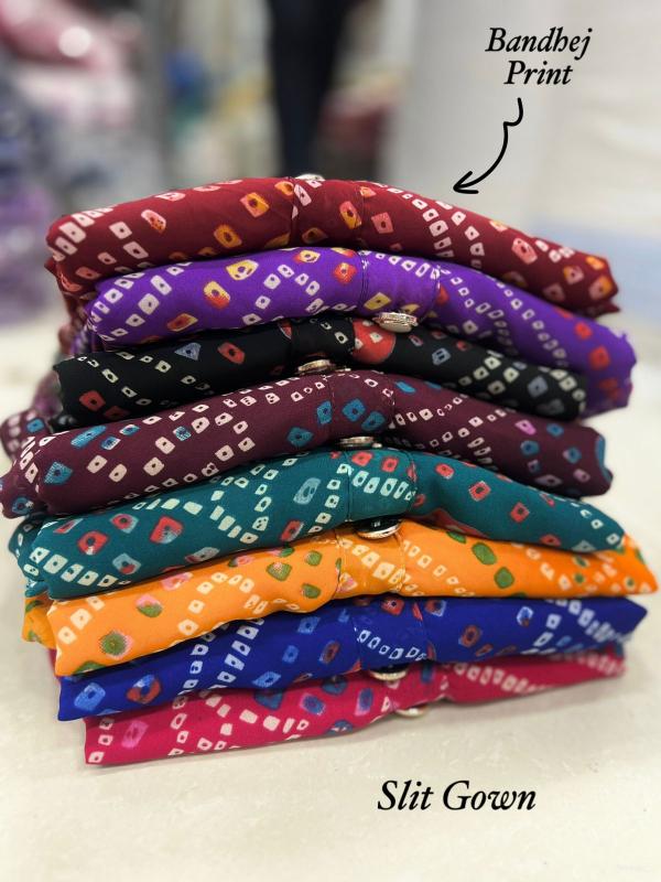 Blue Hills Bandhej Long Flair Gown Kurti Wholesale Catalog