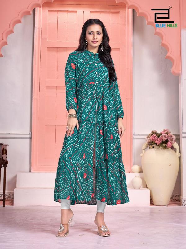 Blue Hills Bandhej Long Flair Gown Kurti Wholesale Catalog