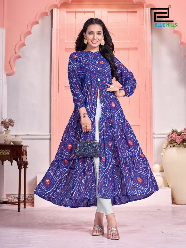 Blue Hills Bandhej Long Flair Gown Kurti Wholesale Catalog