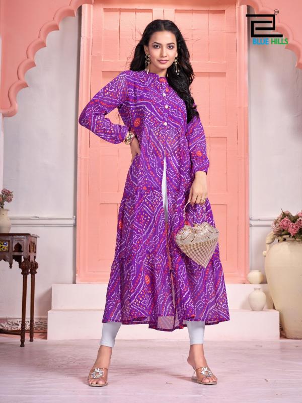 Blue Hills Bandhej Long Flair Gown Kurti Wholesale Catalog
