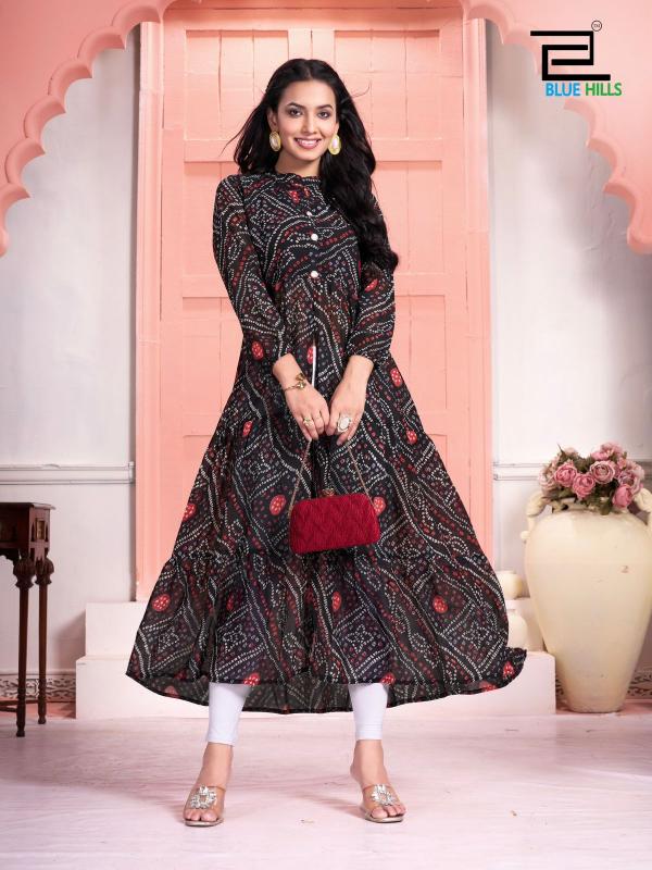 Blue Hills Bandhej Long Flair Gown Kurti Wholesale Catalog