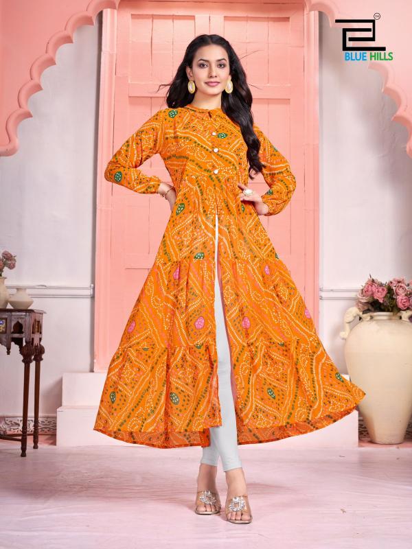 Blue Hills Bandhej Long Flair Gown Kurti Wholesale Catalog