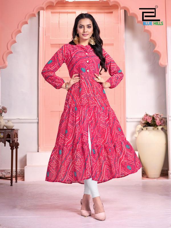 Blue Hills Bandhej Long Flair Gown Kurti Wholesale Catalog