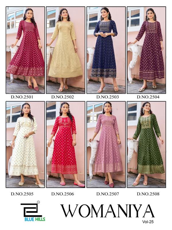 Blue Hills Womaniya Vol 25 Rayon Foil Printed Anarkali Kurti Wholesale catalog