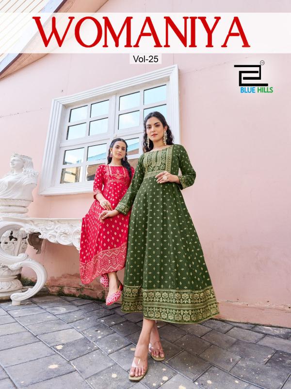 Blue Hills Womaniya Vol 25 Rayon Foil Printed Anarkali Kurti Wholesale catalog