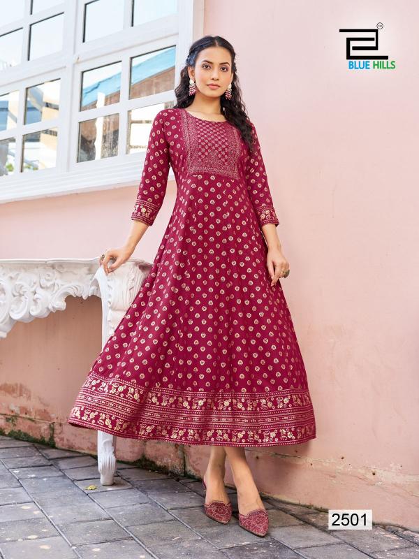 Blue Hills Womaniya Vol 25 Rayon Foil Printed Anarkali Kurti Wholesale catalog