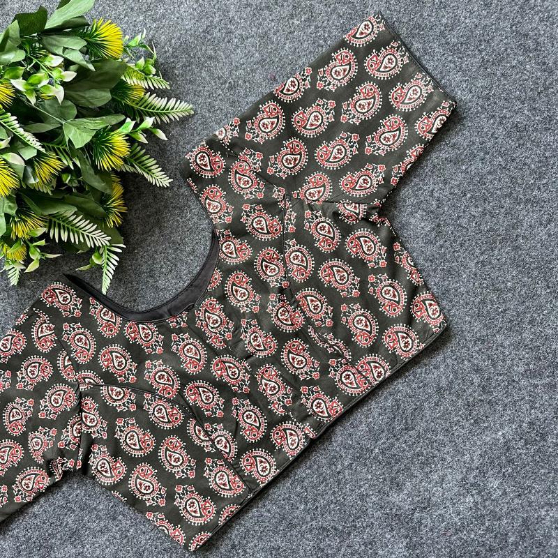 Cotton AjrakhPrint BoatNeck Neck Blouse