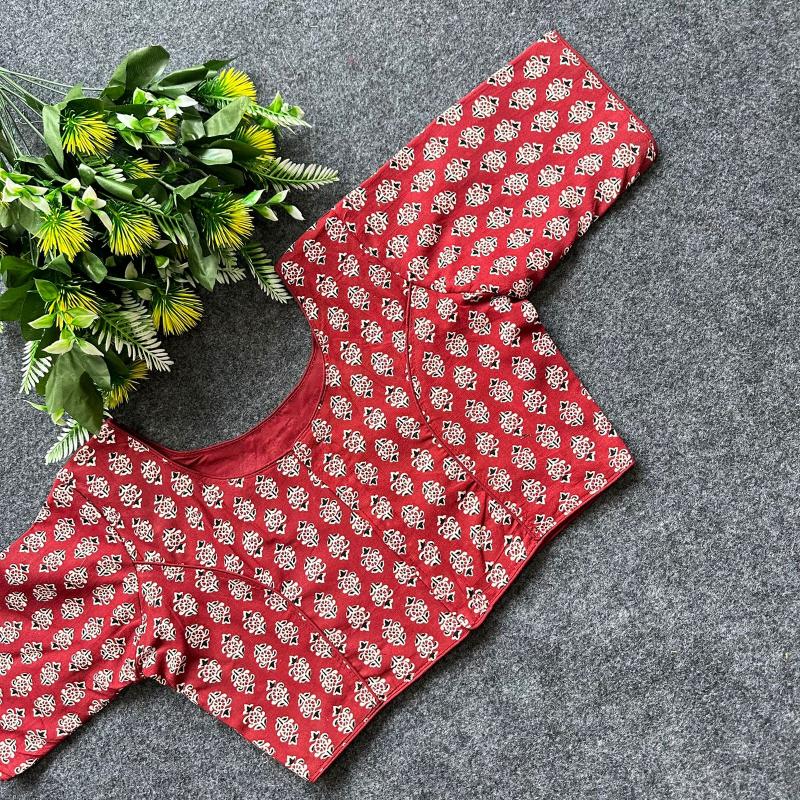 Cotton AjrakhPrint BoatNeck Neck Blouse