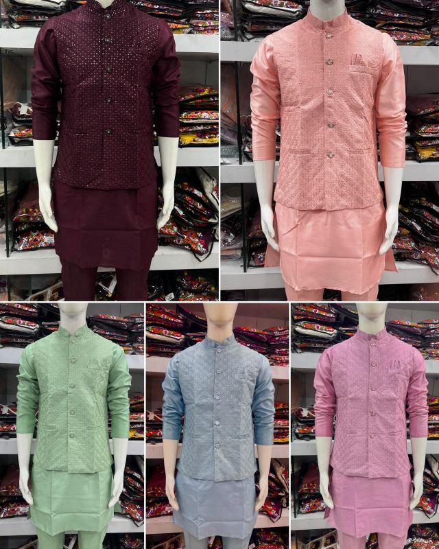 Manyavar 5.0 Banglori Silk Kurta Pyjama With Koti Wholesale Catalog