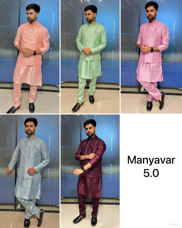 Manyavar 5.0 Banglori Silk Kurta Pyjama With Koti Wholesale Catalog
