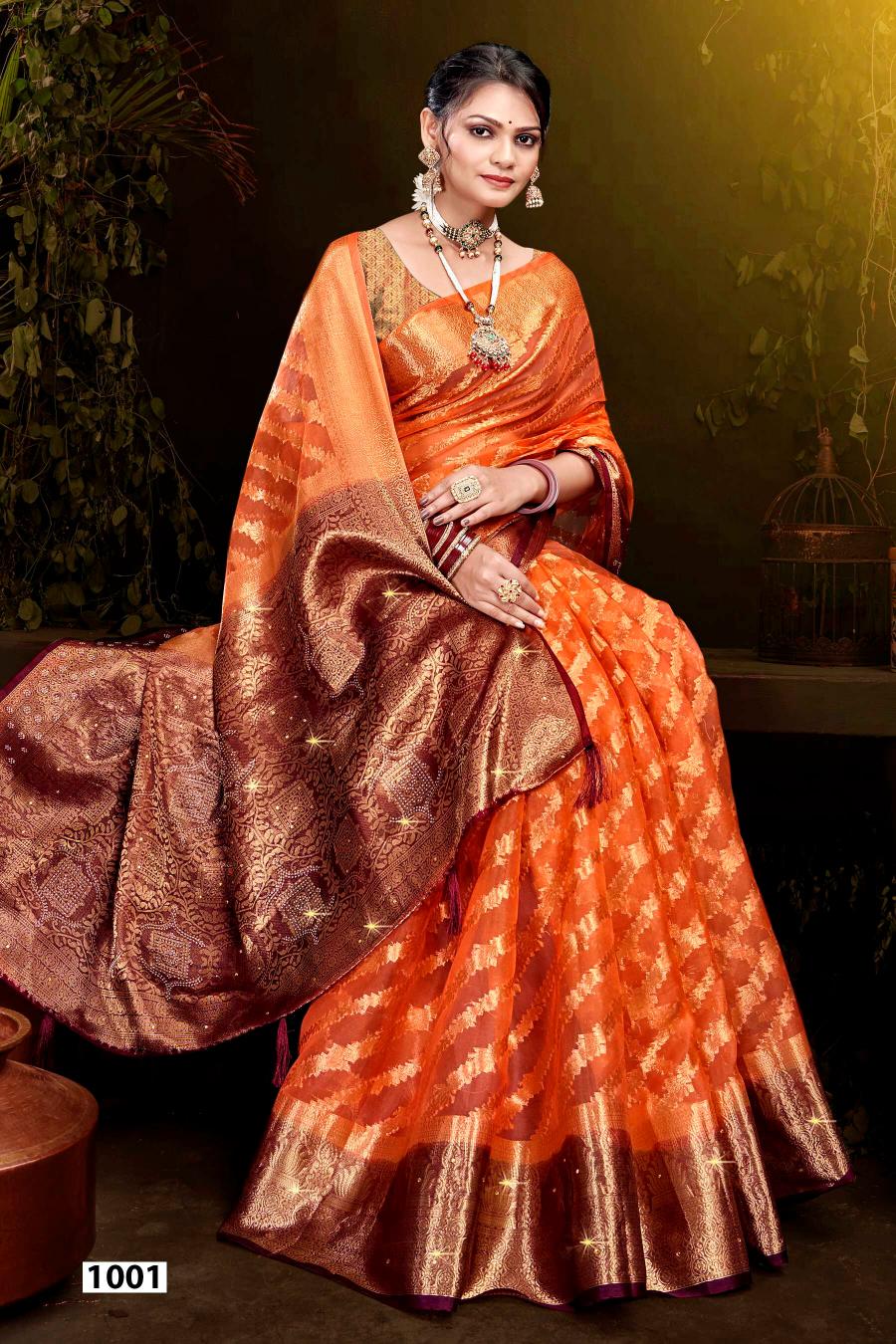 Saroj Rakhi organza swarovski vol.4 Jari organza silk saree in surat with price wholesale