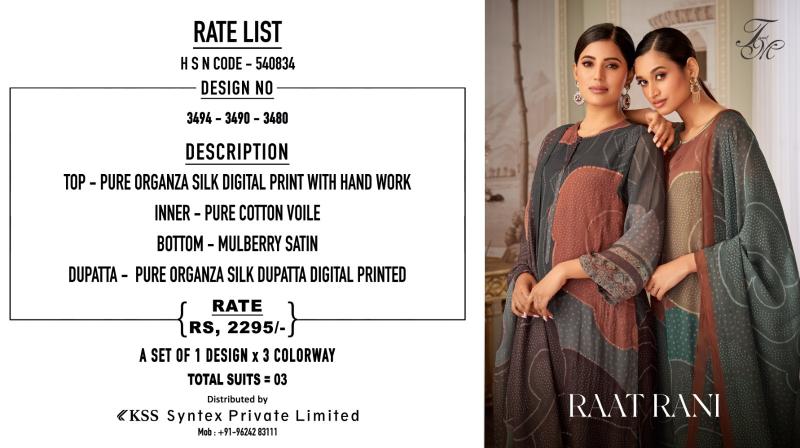 T&M Raat Rani Organza Silk Digital Printed Salwar Kameez Wholesale Catalog