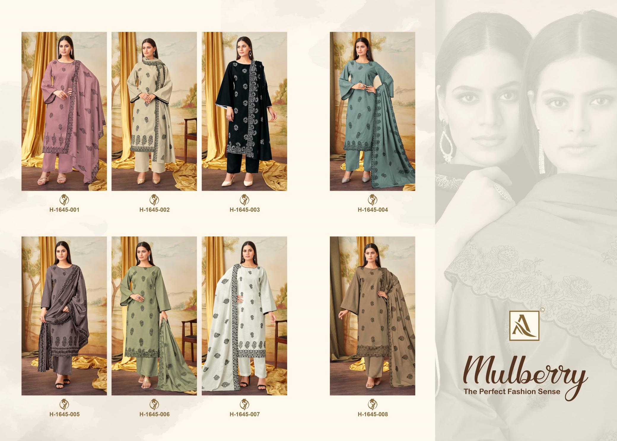 Alok Mulbeery Embroidered Dress Material Wholesale Catalog