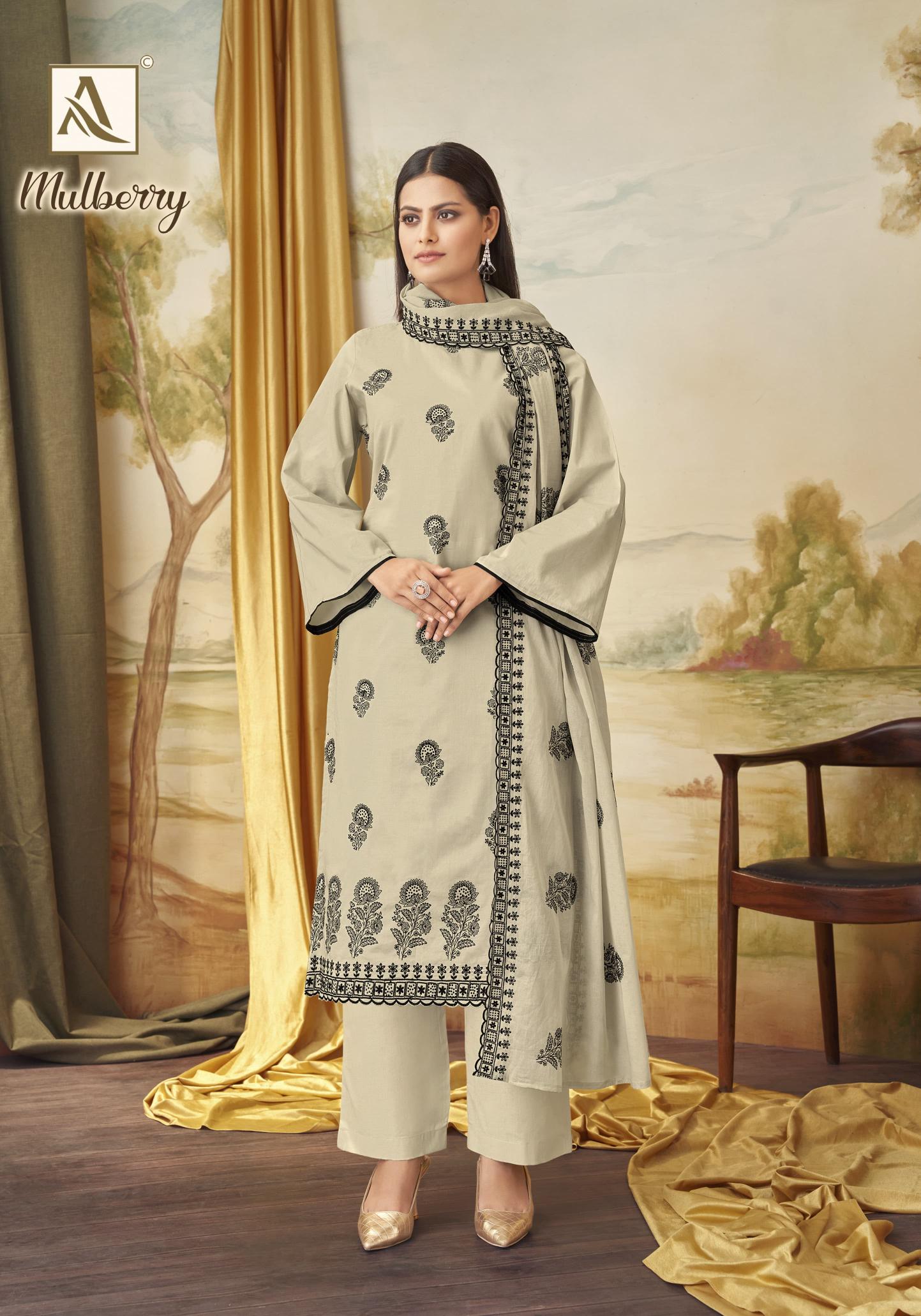 Alok Mulbeery Embroidered Dress Material Wholesale Catalog