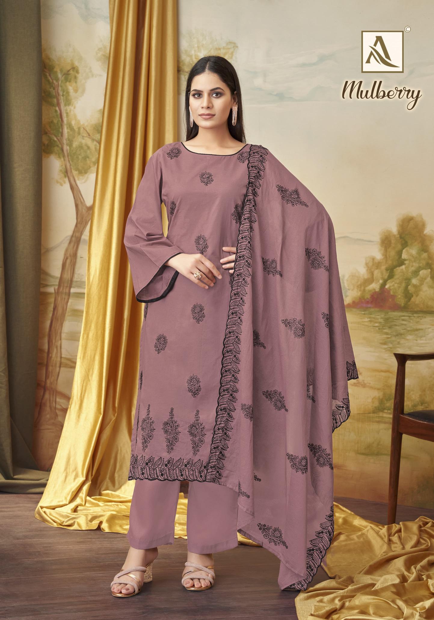 Alok Mulbeery Embroidered Dress Material Wholesale Catalog