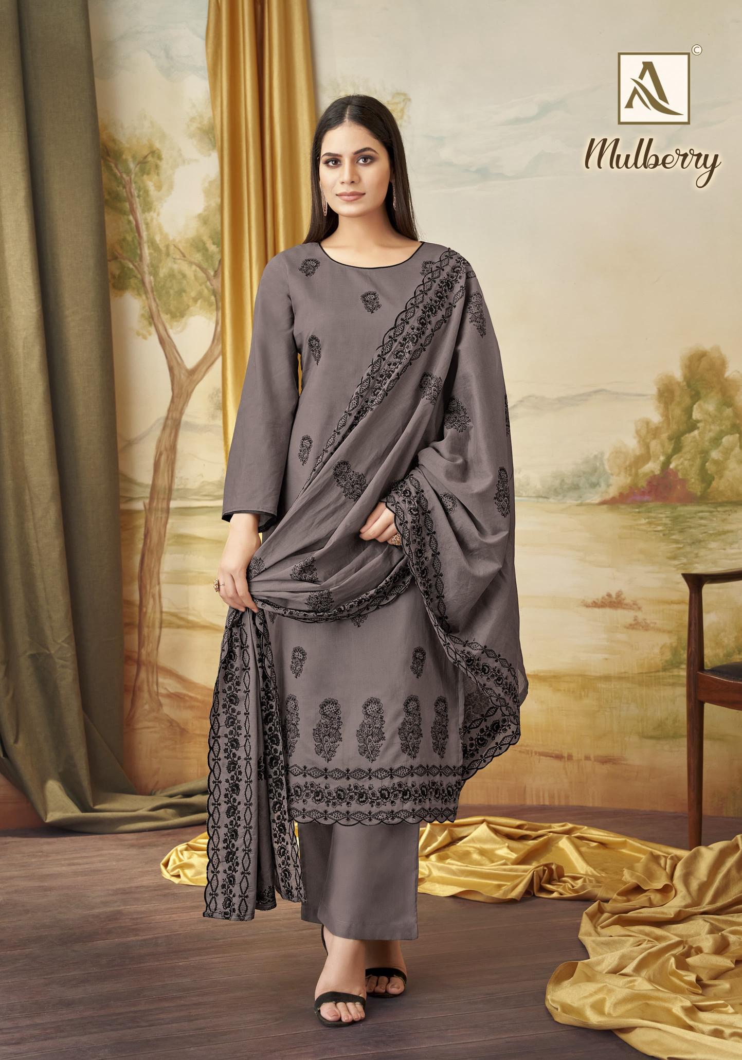 Alok Mulbeery Embroidered Dress Material Wholesale Catalog