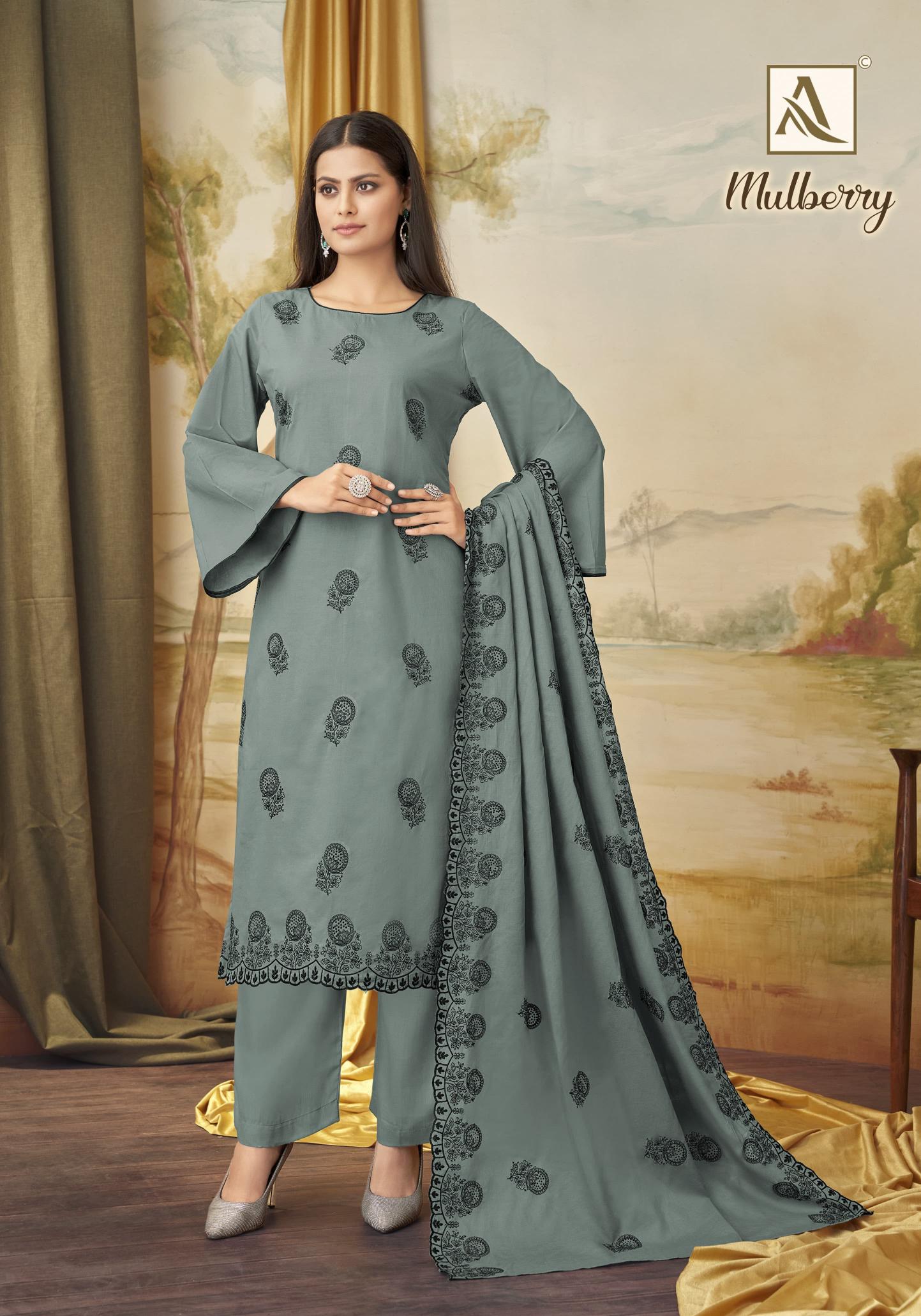 Alok Mulbeery Embroidered Dress Material Wholesale Catalog