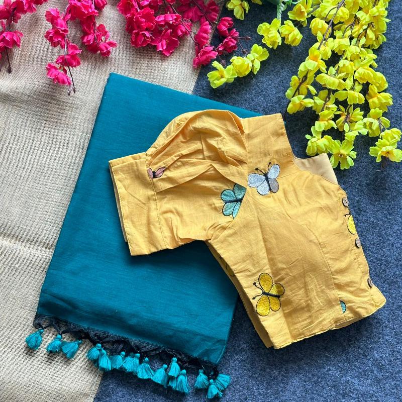 Blousewala Hk6 Khadi cotton saree and khadi Cotton Embrodiary Blouse