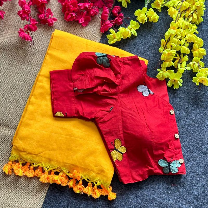 Blousewala Hk6 Khadi cotton saree and khadi Cotton Embrodiary Blouse