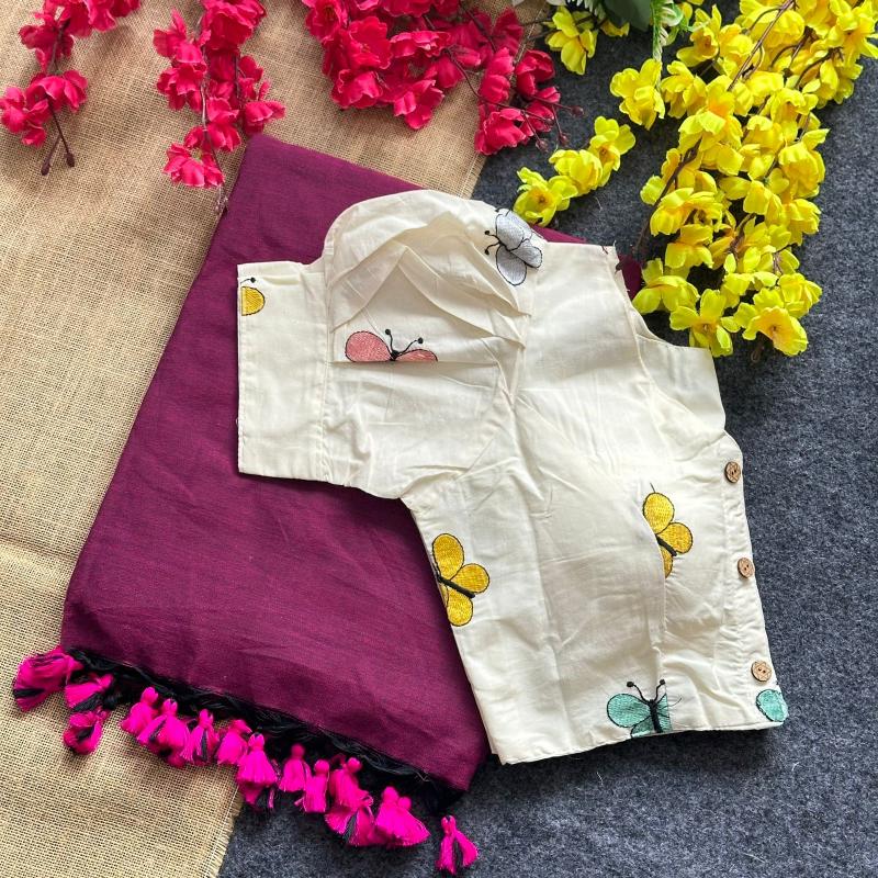 Blousewala Hk6 Khadi cotton saree and khadi Cotton Embrodiary Blouse