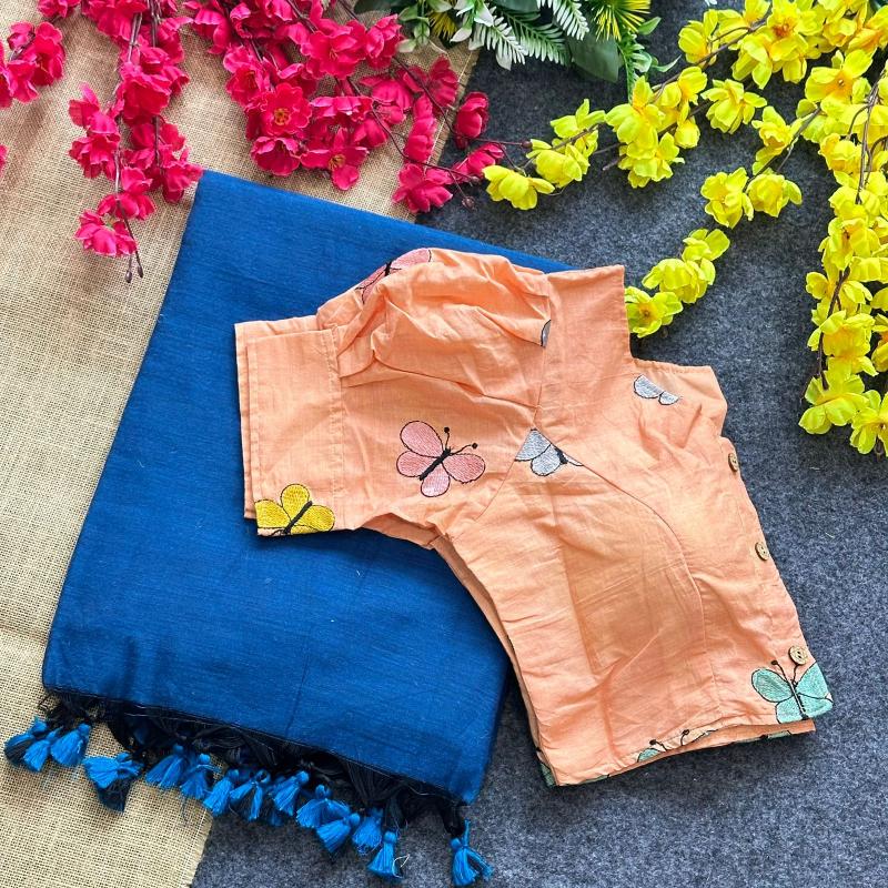 Blousewala Hk6 Khadi cotton saree and khadi Cotton Embrodiary Blouse