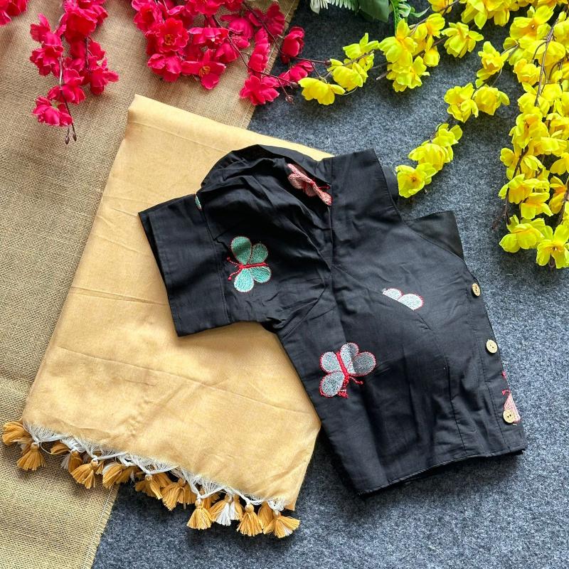 Blousewala Hk6 Khadi cotton saree and khadi Cotton Embrodiary Blouse