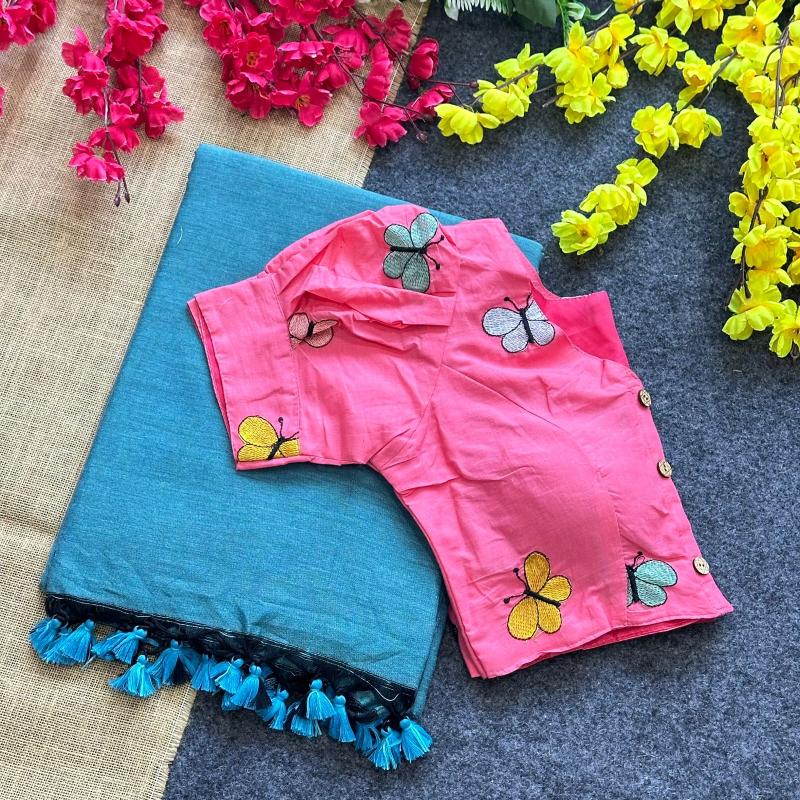 Blousewala Hk6 Khadi cotton saree and khadi Cotton Embrodiary Blouse