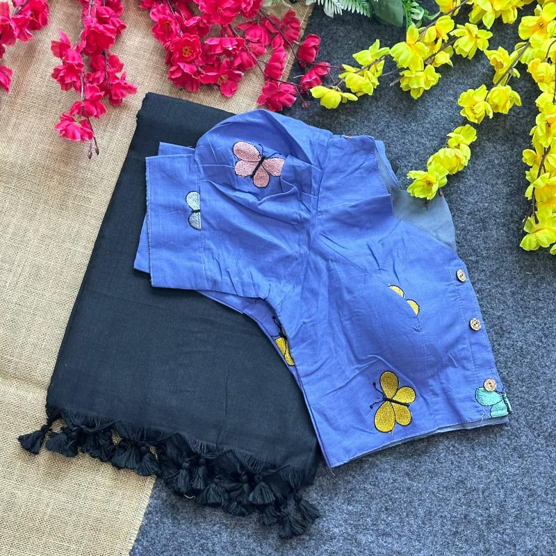 Blousewala Hk6 Khadi cotton saree and khadi Cotton Embrodiary Blouse