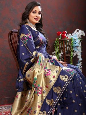 Sabella Nx -279 Gold Dark Blue Soft Pethani Silk South india saree style