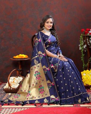 Sabella Nx -279 Gold Dark Blue Soft Pethani Silk South india saree style