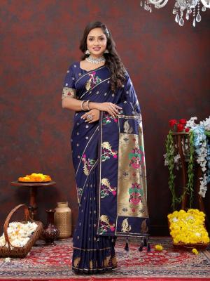 Sabella Nx -279 Gold Dark Blue Soft Pethani Silk South india saree style
