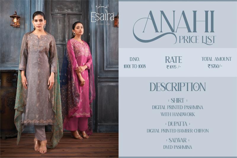 Esaira Anahi Digital Printed Pashmina With Hand Work Salwar Kameez Wholesale Catalog
